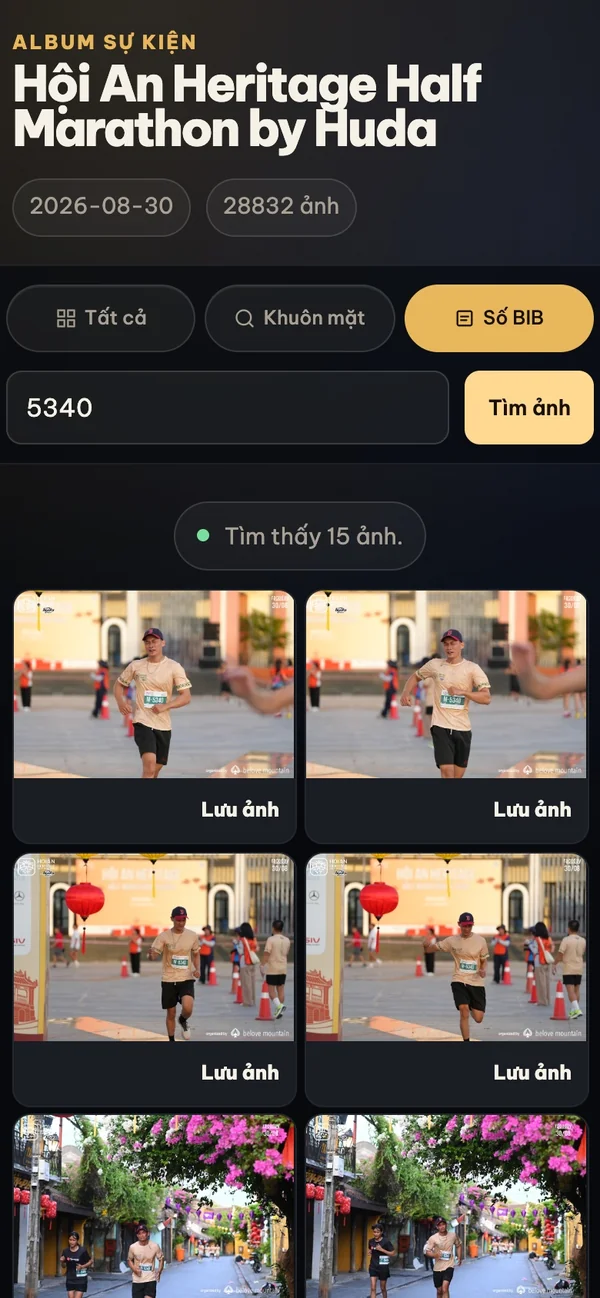 Giao diện tìm ảnh bằng số BIB trên điện thoại, album Hoi An Heritage trả về 15 ảnh của runner
